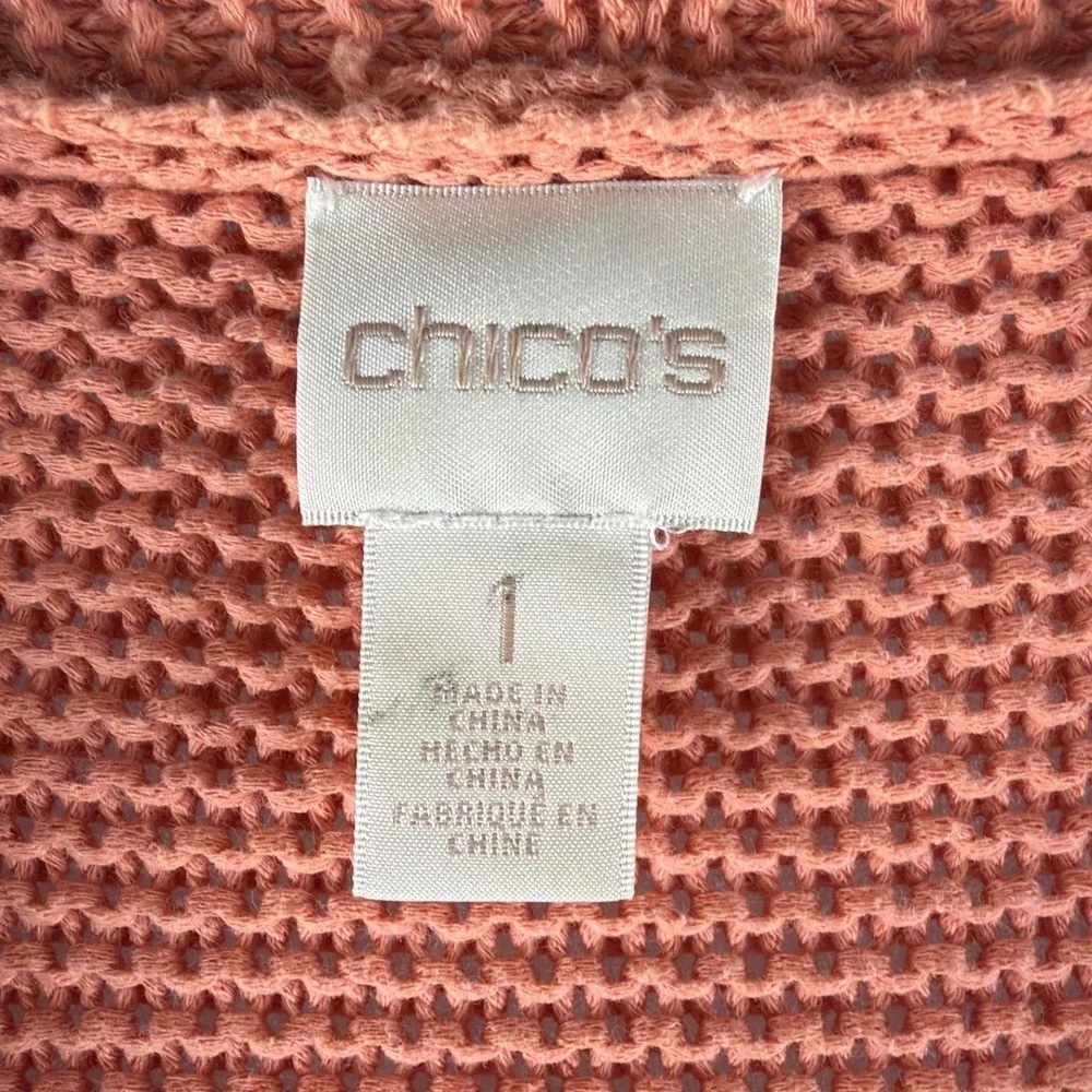 Chicos Open Front Cotton Cardigan Sweater Coral Peach Textured Knit Sz 1/M